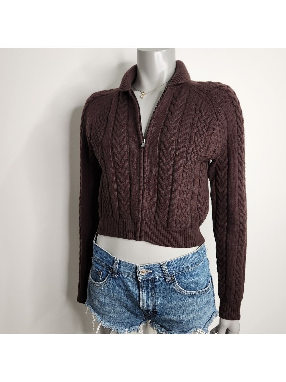 Aritzia Sunday Best "Gigi" Brown Cable Knit Collared Zip-Up Sweater Size 2XS - Picture 3 of 15
